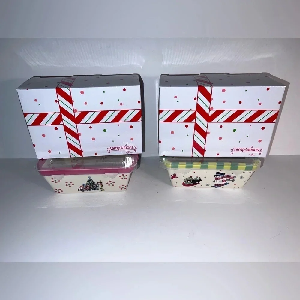 Temptations ,‎ NWT, 2 ceramic, holiday 12 ounce mini loaf pans with plastic lids